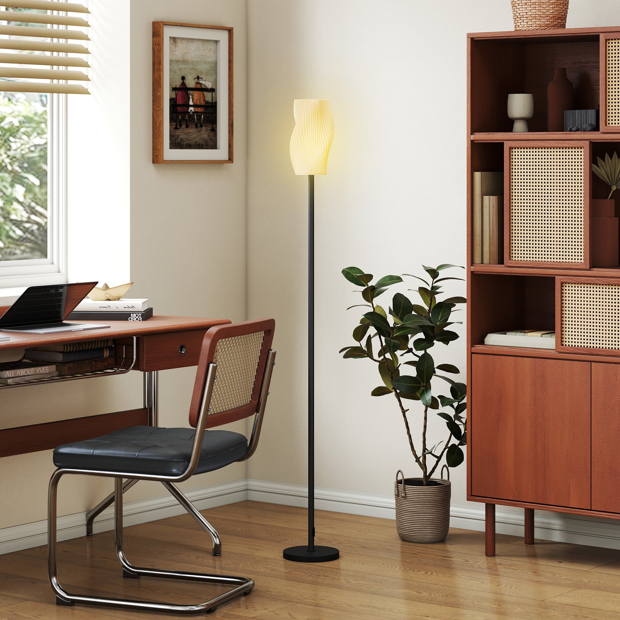 Floor Lamp for Living Room, 3D Printed Modern Standing Lamp with Flowing Curved Shade & Foot Switch, Minimalist Tall Pole Lampshade for Bedroom, Office, E27 Holder without Bulb (25W Max), White