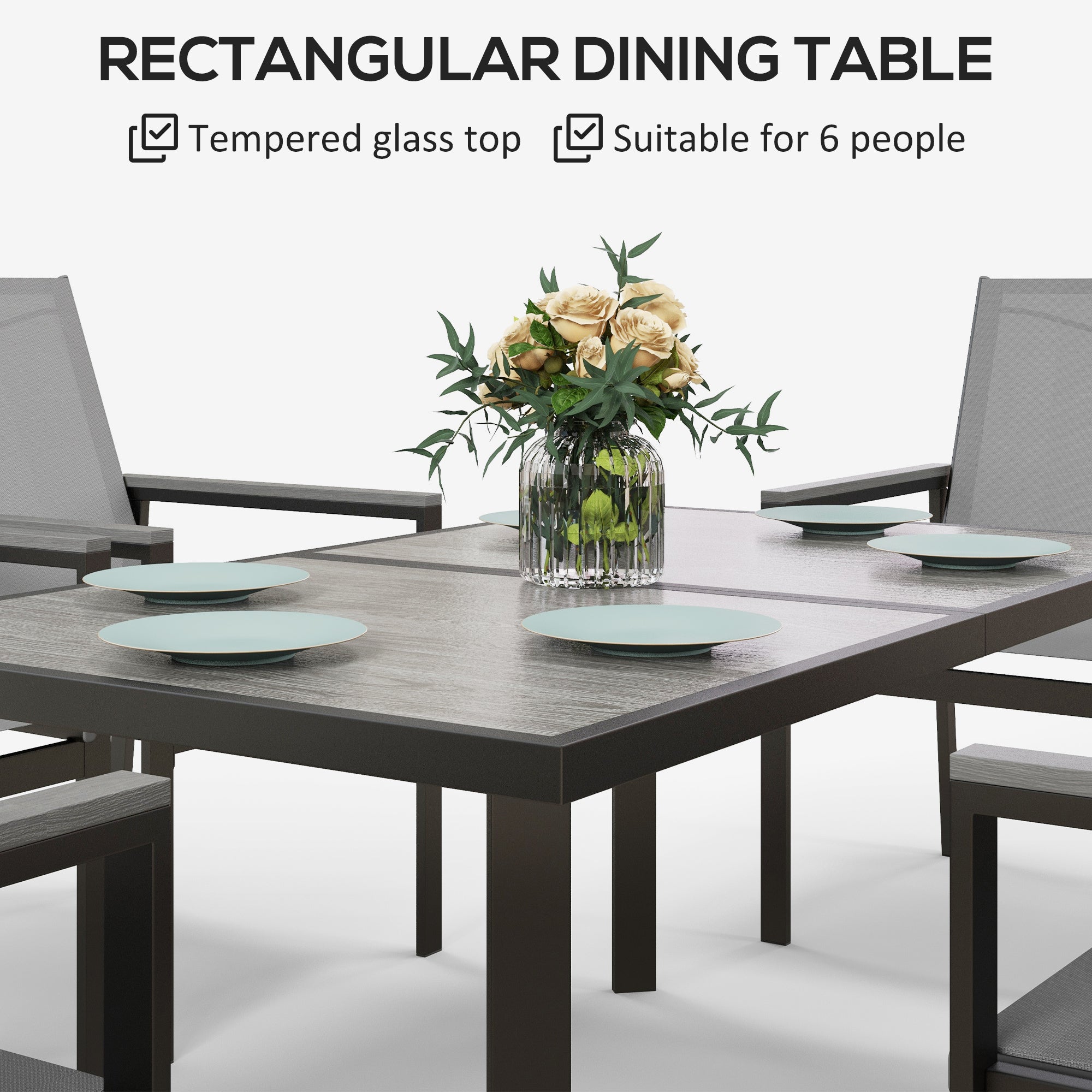 Outsunny Seven-Piece Metal Dining Set, with Glass-Top Table - Grey