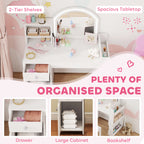 AIYAPLAY Kids Vanity Table and Chair Set, Girls Dressing Table with 2-Colour LED Mirror, Stool, Cabinet, Drawer, Shelves, White