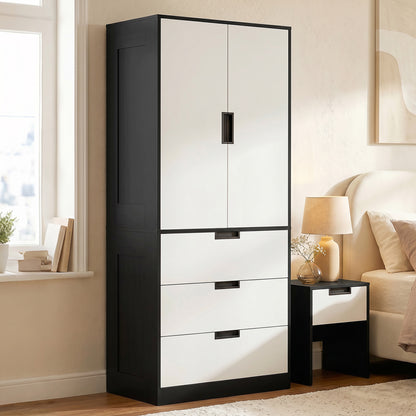 2 Door Wardrobe, Modern Wardrobe with 3 Drawers and Hanging Rod for Bedroom, Black