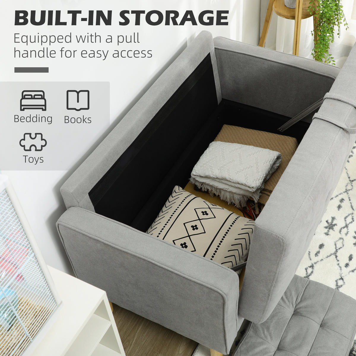 2 Seater Storage Sofa, Fabric Couch with Hidden Under Seat Storage, Thick Cushions, Compact Space Saving Settee with Rubberwood Legs for Living Room, Apartment, Light Grey