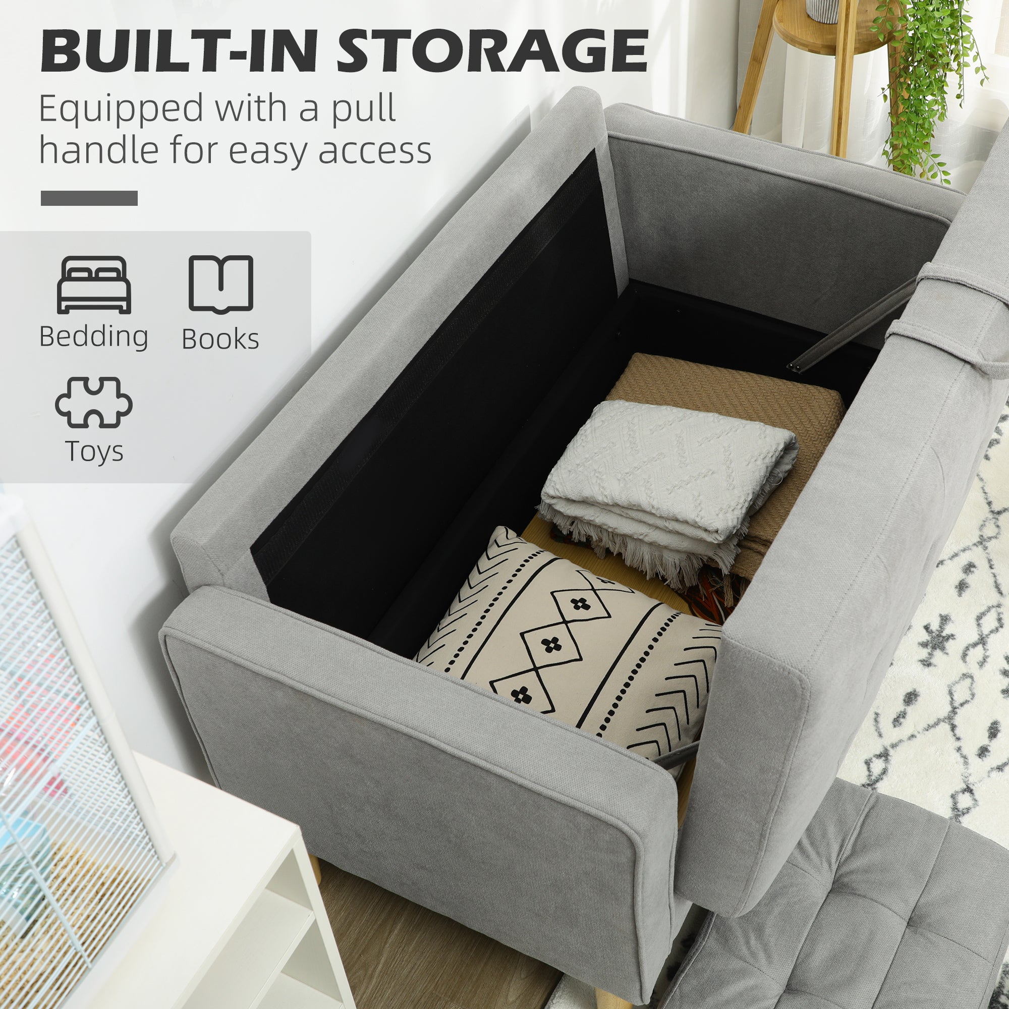 HOMCOM 2 Seater Storage Sofa, Fabric Couch with Hidden Under Seat Storage, Thick Cushions, Compact Space Saving Settee with Rubberwood Legs for Living Room, Apartment, Light Grey