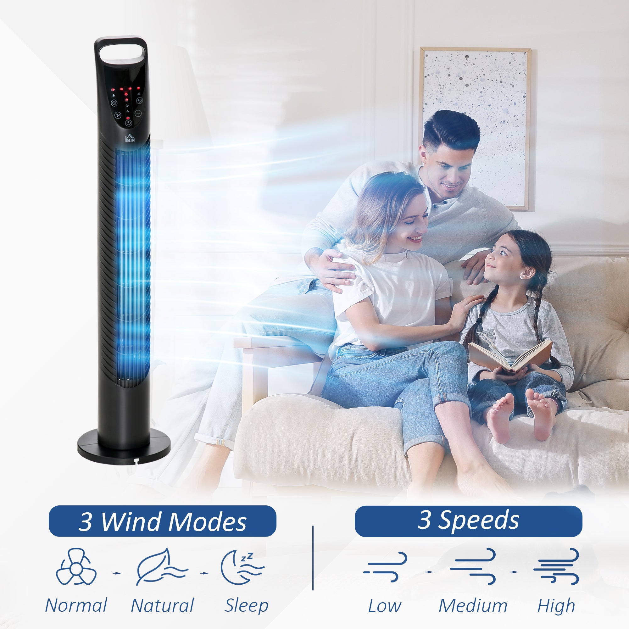 31 Inch Bladeless Oscillating Tower Fan with 70° Oscillation, Remote Control, 7.5H Timer, 3 Speed 3 Modes, Electric Floor Standing Cooling Fan for Home Bedroom Office, Black