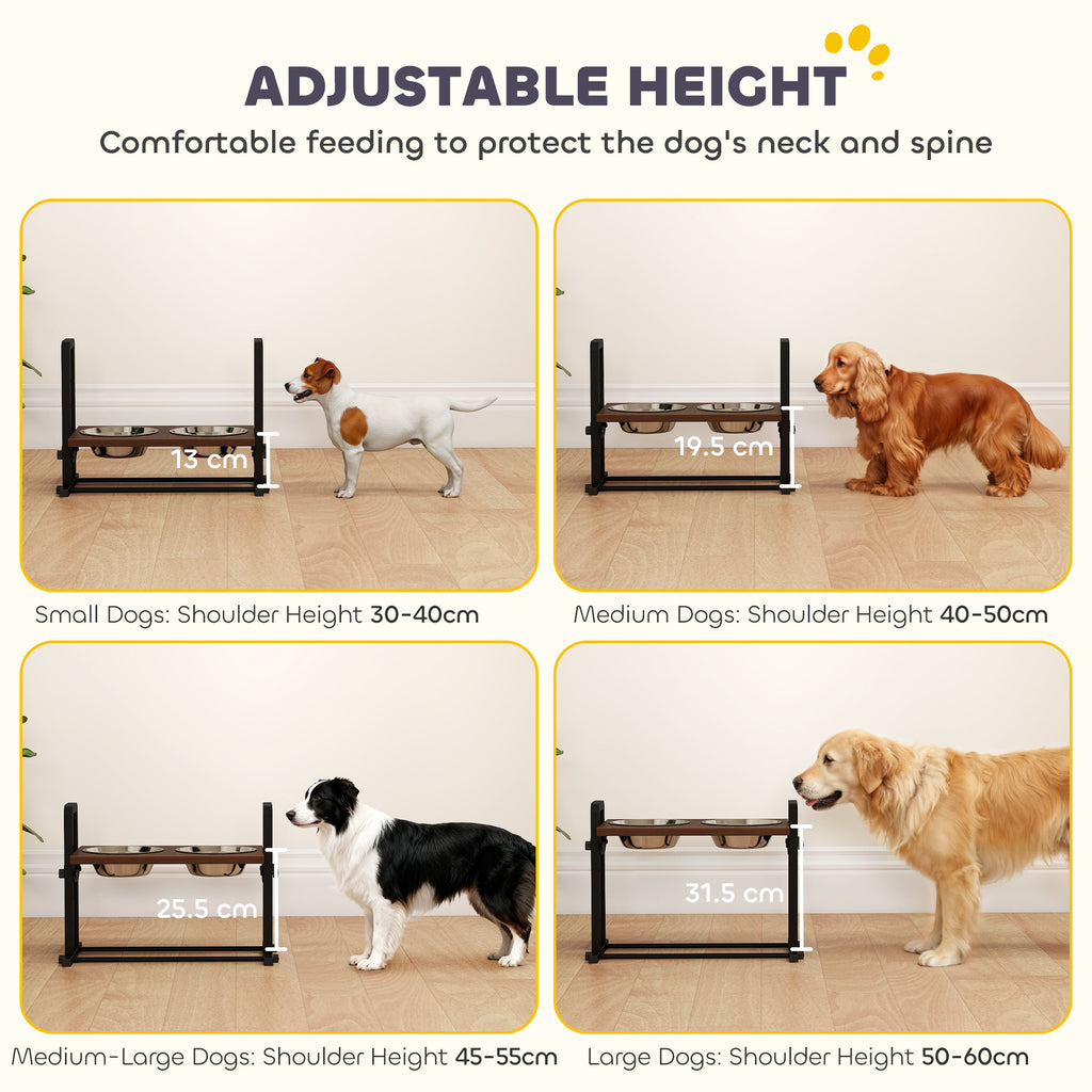 PawHut Raised Dog Bowls with Stand, 4 Heights Adjustable Pet Feeder with 3 Adjustable Angles for Small, Medium & Large Breeds, Brown