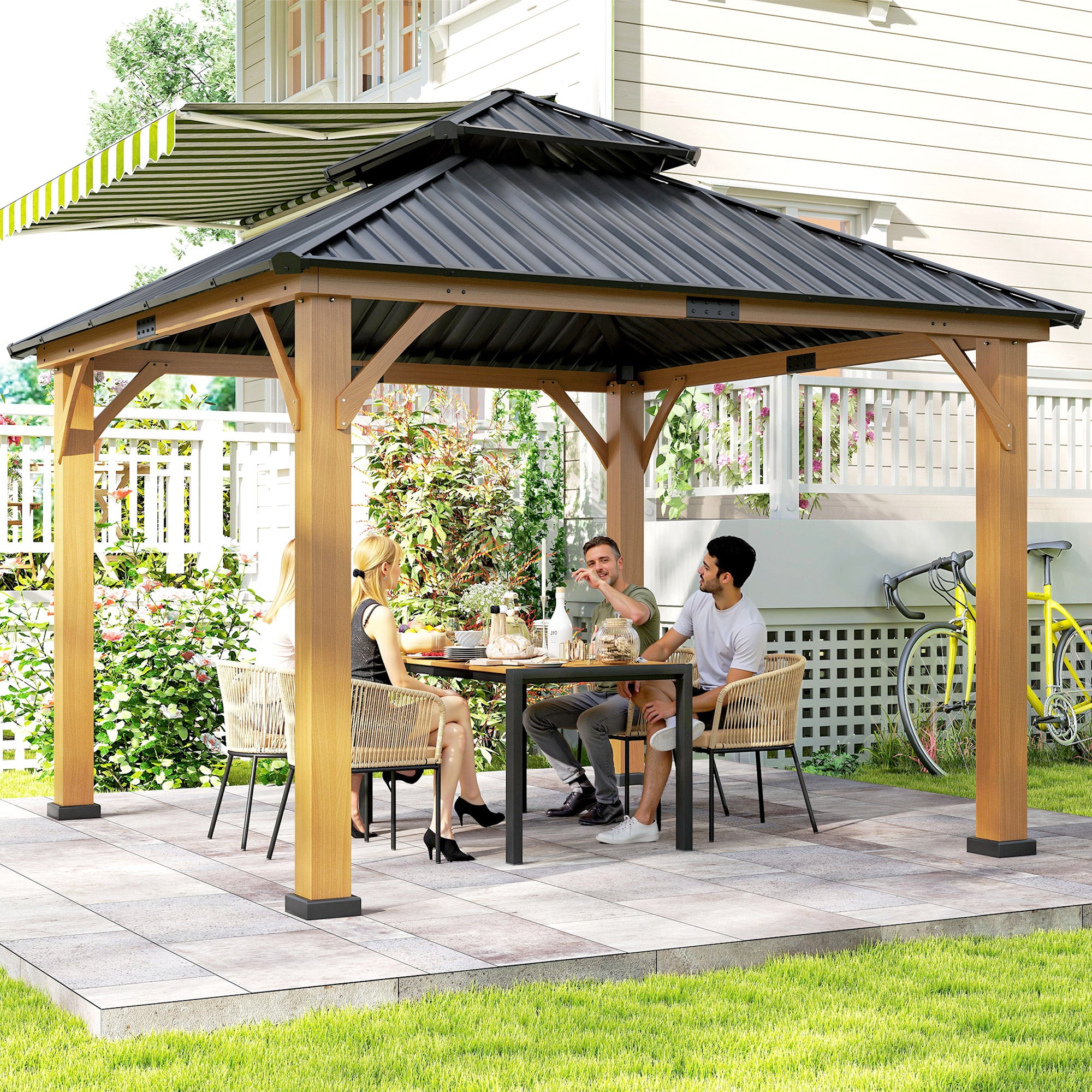 Outsunny 3.5 x 3.5m Outdoor Hardtop Gazebo Canopy with Two-tier Metal Roof, Black