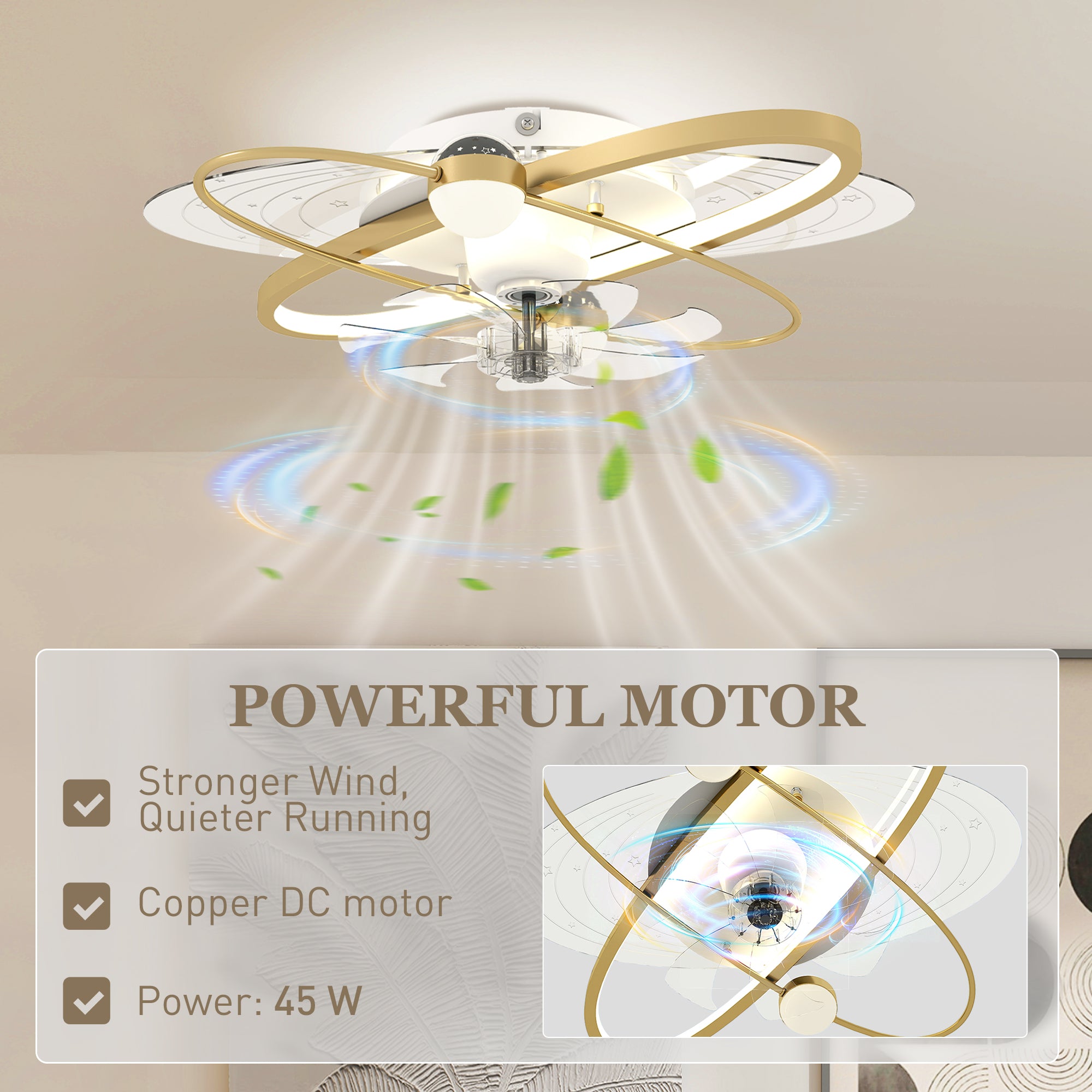 Ceiling Fan with Light and Remote, 3 Colour Temperatures, LED Mount Ceiling Fan Light for Bedroom, Gold Tone