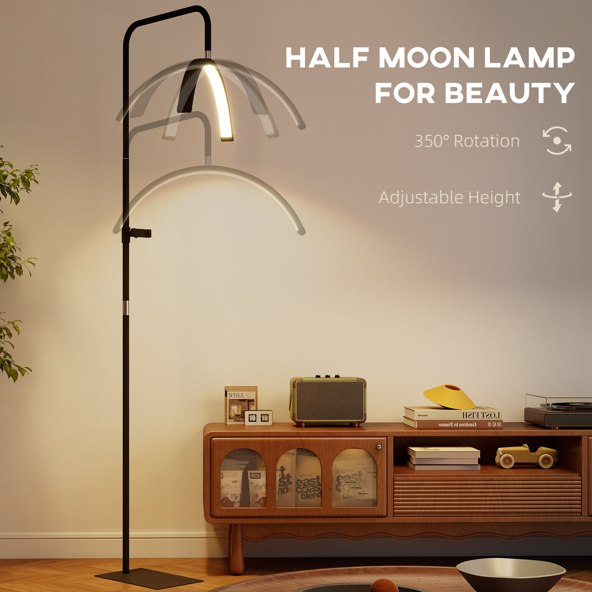Half Moon Lash Light, Beauty Floor Lamp with 350° Rotatable Head, 7 Colour Temperature and Phone Holder, Dimmable Standing Lamp for Eyelash Extension, Tattoo, Nails, Skincare, Black