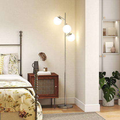 3-Light Tree Floor Lamps for Living Room, Modern Standing Lamp for Bedroom with Globe Lampshade, 3000K/4000K/6000K Colour Temperatures, Steel Base, Silver Tone