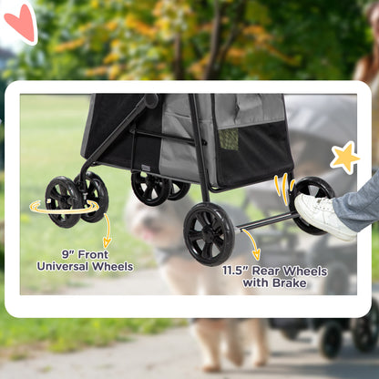 PawHut Dog Pram Dog Stroller 4 Wheels Pet Pushchair with Rolling Door, Cushion, Safety Leashes, for Small and Medium Breeds, Grey