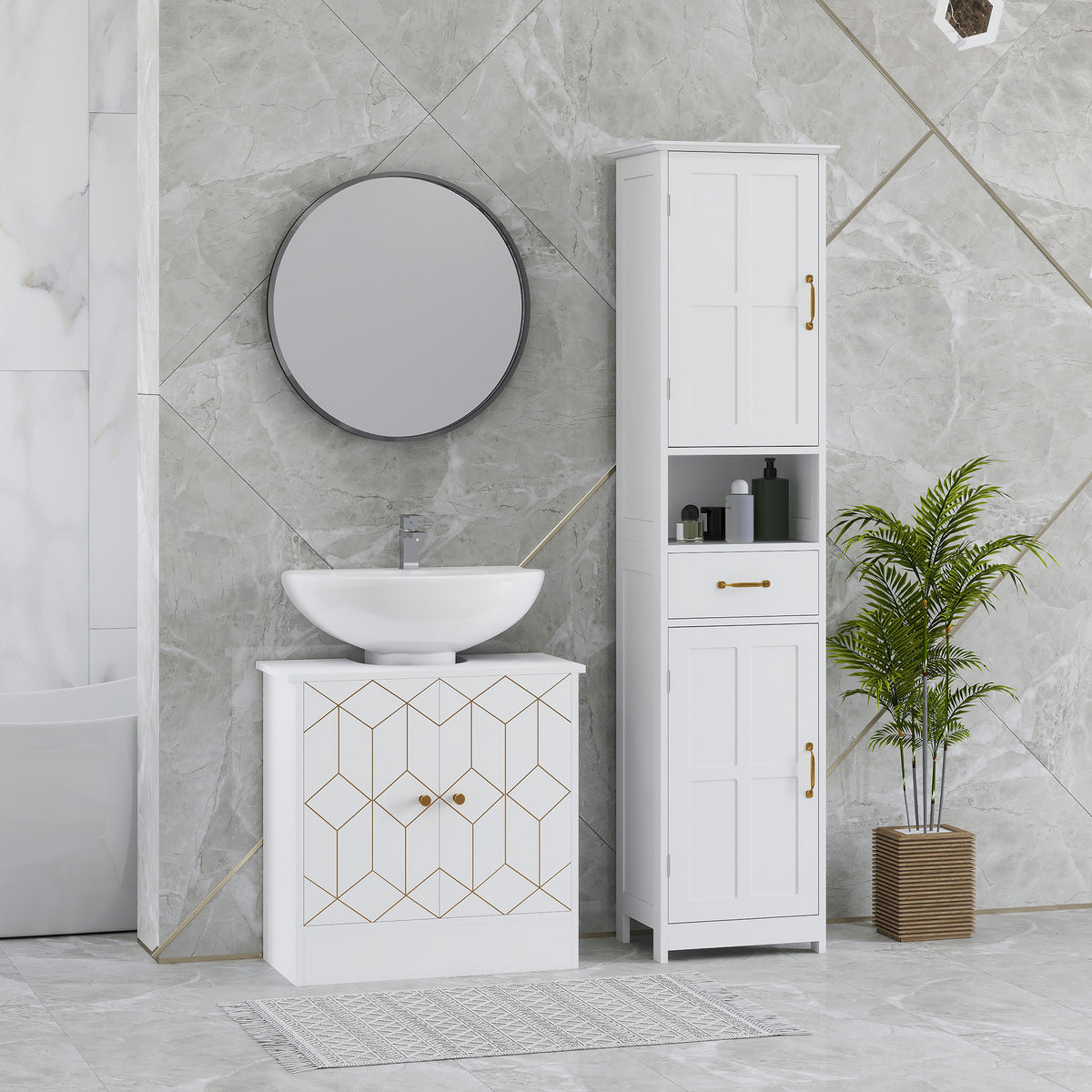 Under Sink Bathroom Cabinet, Under Sink Cabinet with Adjustable Shelf and Open Compartment for Basin with or without Pedestal, 60 x 30 x 60cm, White