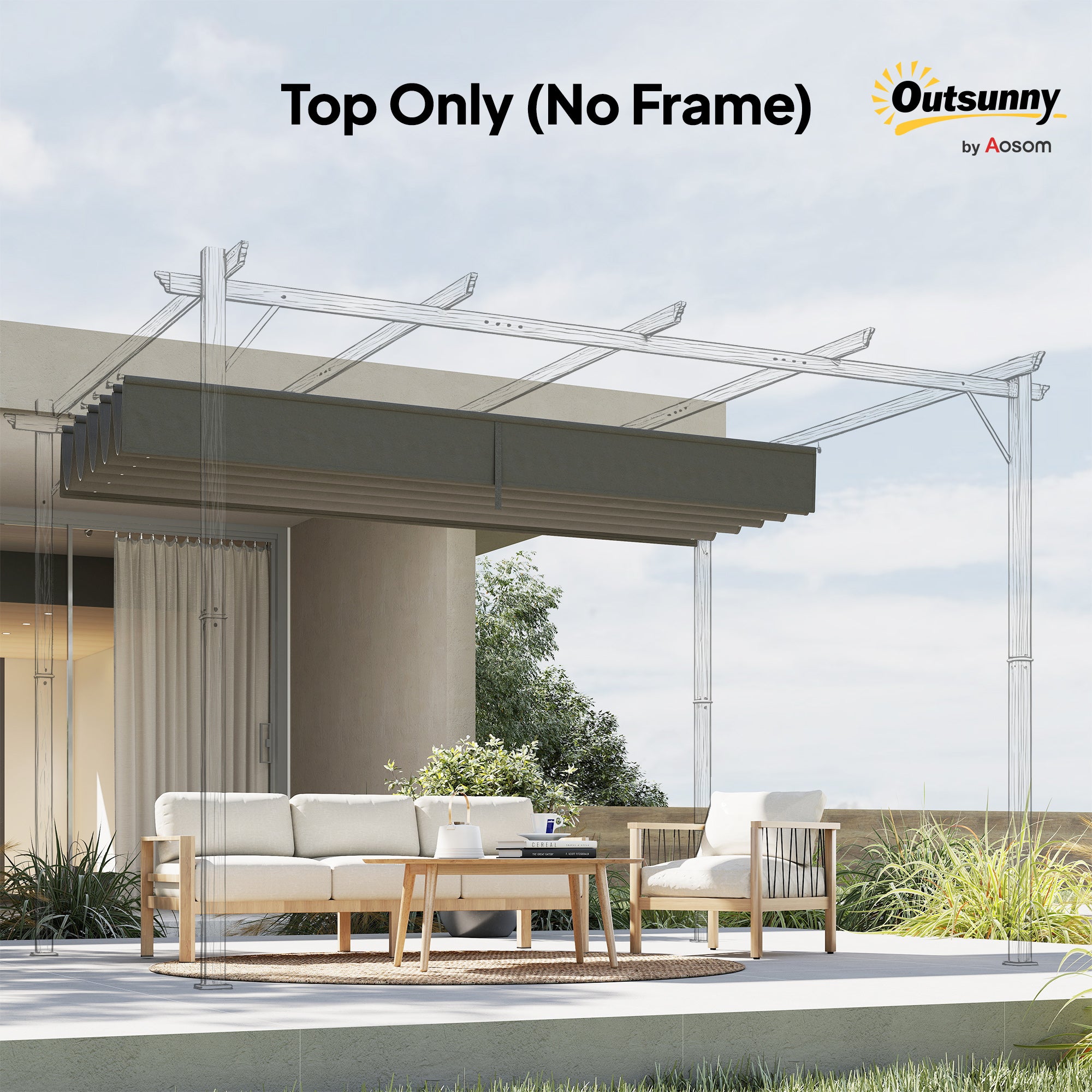 Outsunny Retractable Pergola Cover, 3.5 x 2.6 m Replacement Canopy Fabric for 4 x 3 m Frame, Roof Top Only, Light Grey