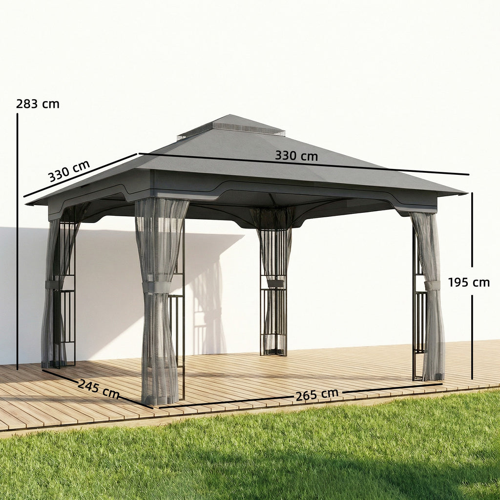 Outsunny 3.3 x 3.3 m Outdoor Garden Gazebo with Post Shelves, UPF50+ Patio Permanent Pavilion with Hook, Dark Grey