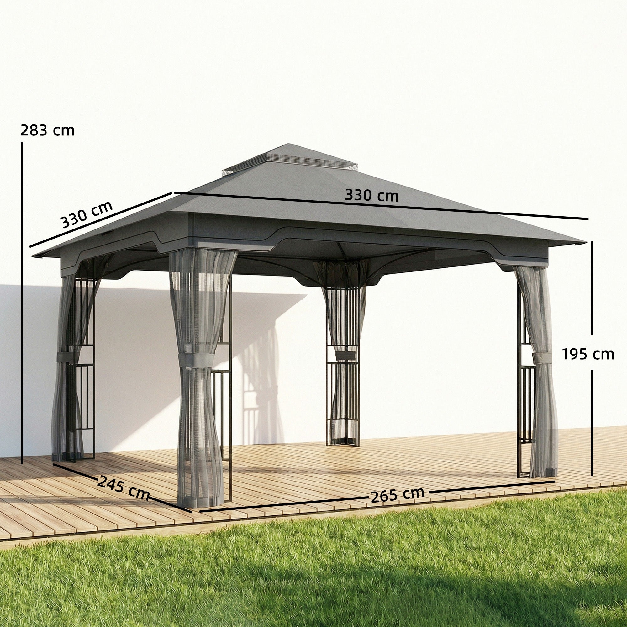 Outsunny 3.3 x 3.3 m Outdoor Garden Gazebo with Post Shelves, UPF50+ Patio Permanent Pavilion with Hook, Dark Grey