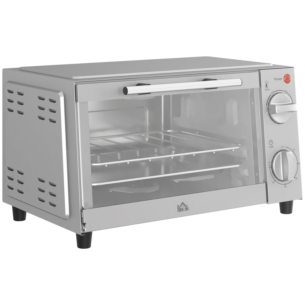Mini Oven, 9L Countertop Electric Grill, Toaster Oven with Adjustable Temperature, Timer, Dishwasher Safe Baking Tray and Wire Rack, 750W, Silver