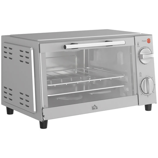 Mini Oven, 9L Countertop Electric Grill, Toaster Oven with Adjustable Temperature, Timer, Dishwasher Safe Baking Tray and Wire Rack, 750W, Silver