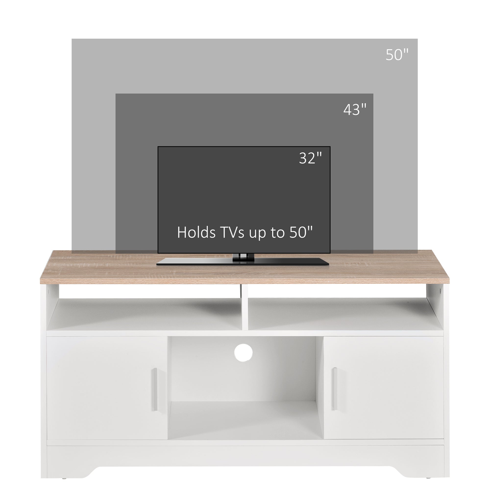 TV Stand Cabinet up to 50", Modern TV Unit with Storage, Open Shelves and Cable Management for Living Room, Bedroom, White
