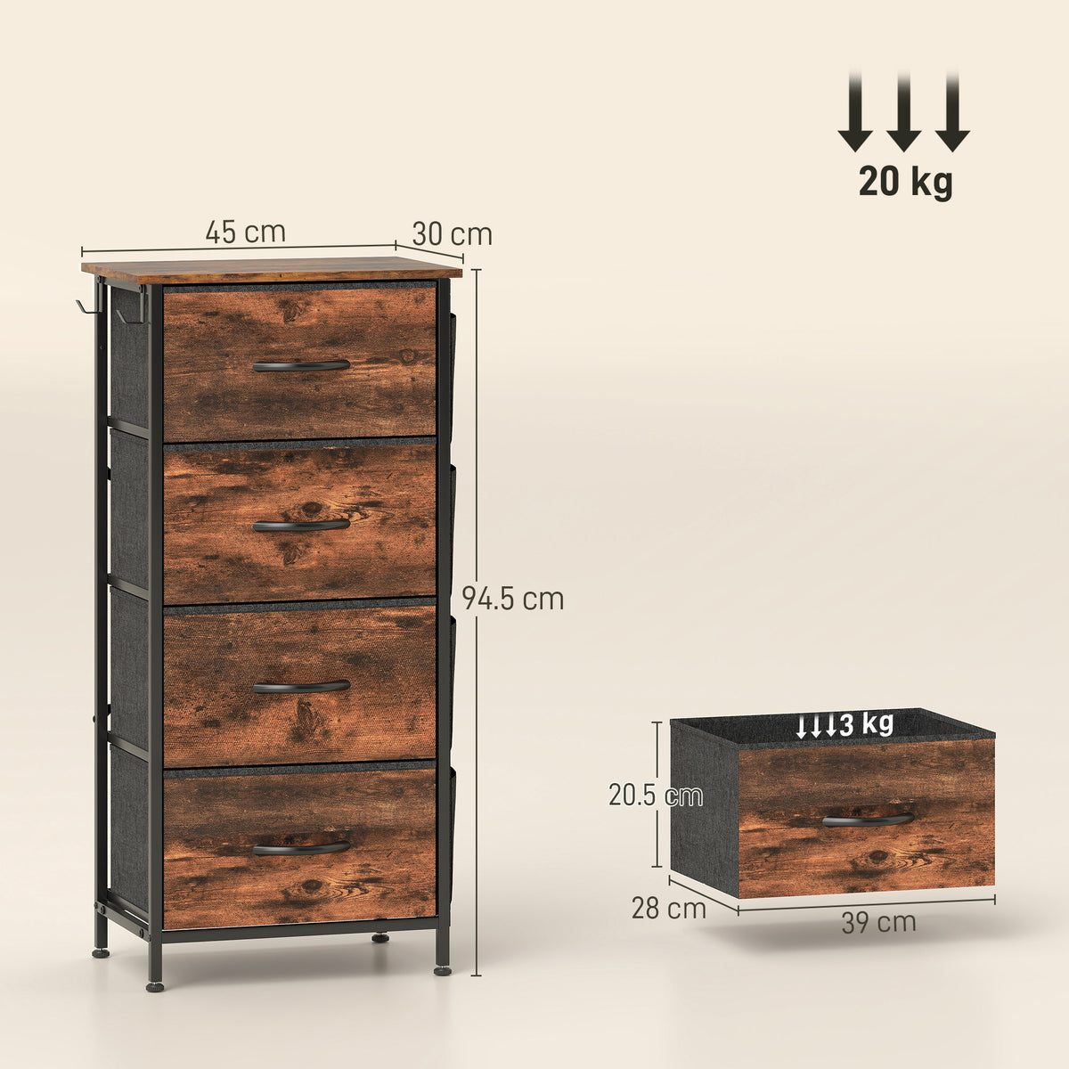 Chest of Four Fabric Drawers - Rustic Brown