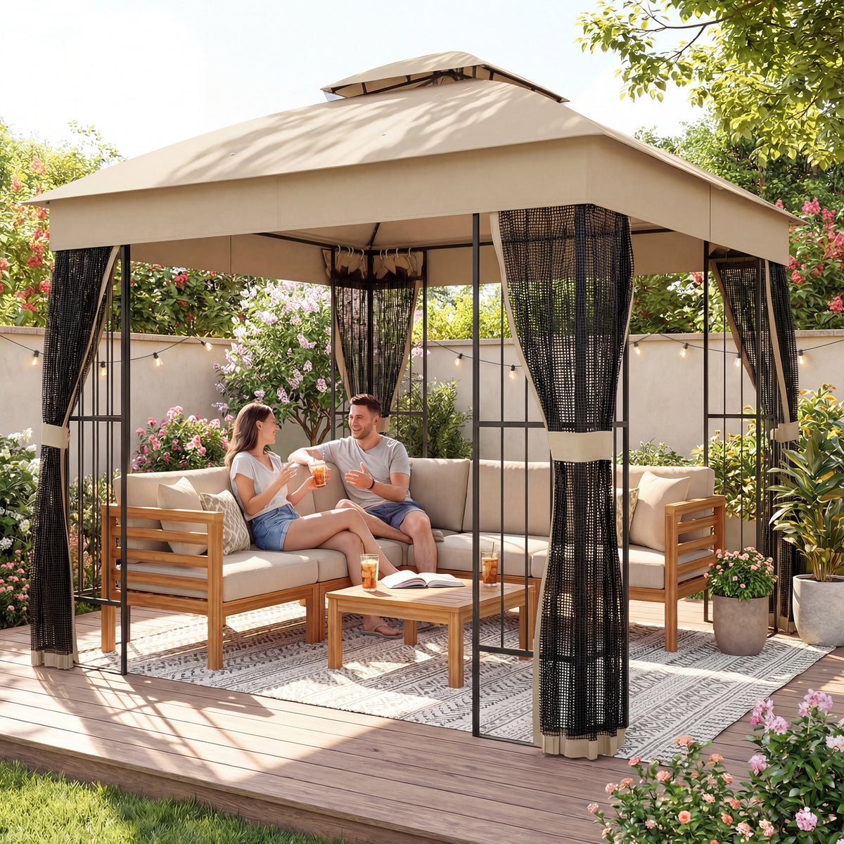 Outsunny 3 x 3 m Outdoor Garden Gazebo with Post Shelves, UPF50+ Double Roof Patio Permanent Pavilion, Brown