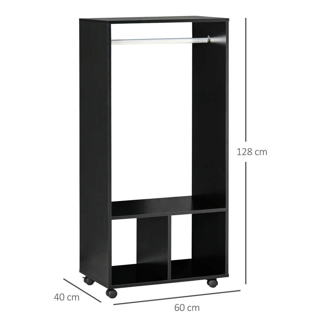 Open Wardrobe on Wheels, Bedroom Wardrobe with Clothes Hanging Rail, 2 Storage Shelves, Mobile Garment Rack for Cloakroom, Hallway, Black