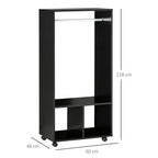Open Wardrobe on Wheels, Bedroom Wardrobe with Clothes Hanging Rail, 2 Storage Shelves, Mobile Garment Rack for Cloakroom, Hallway, Black