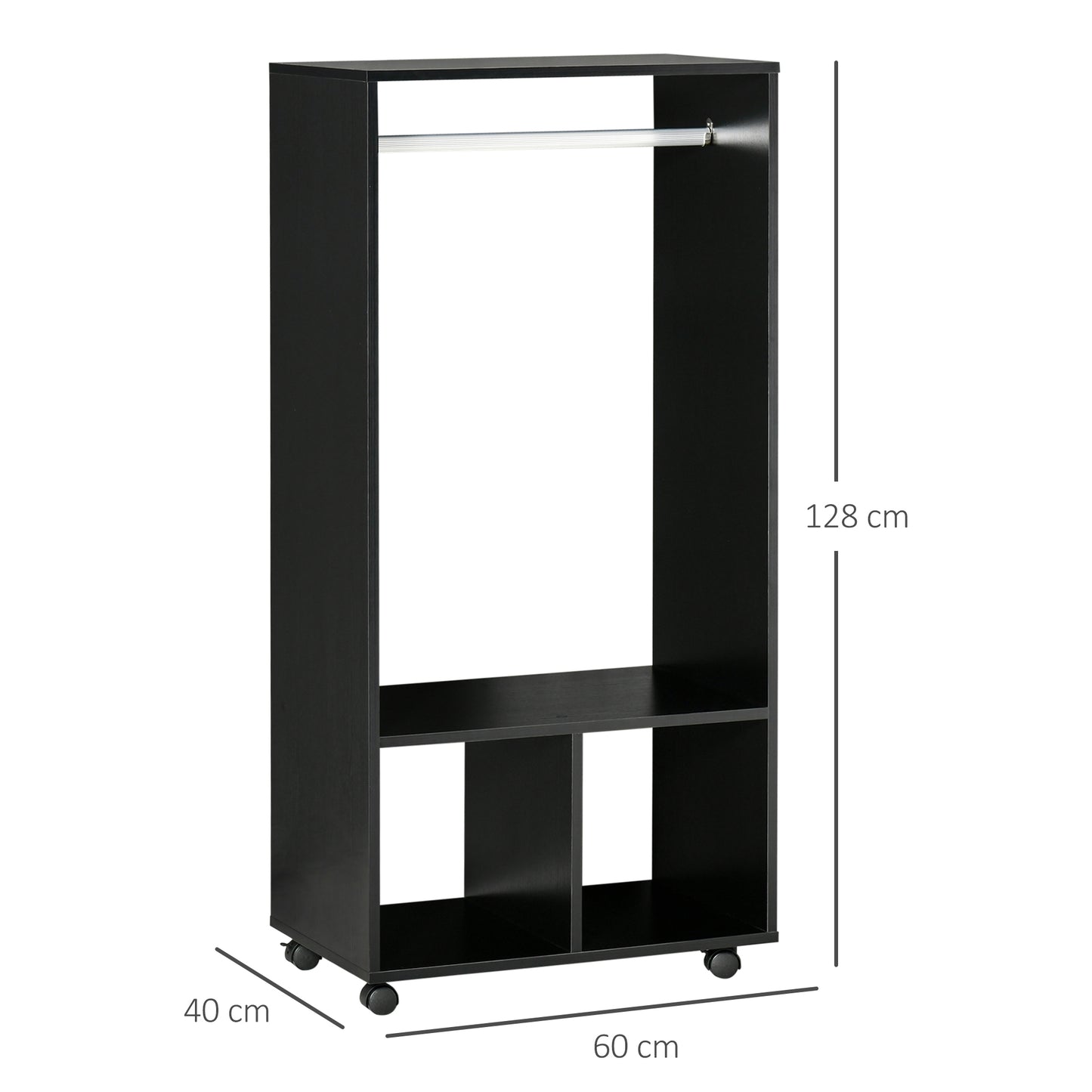 Open Wardrobe on Wheels, Bedroom Wardrobe with Clothes Hanging Rail, 2 Storage Shelves, Mobile Garment Rack for Cloakroom, Hallway, Black