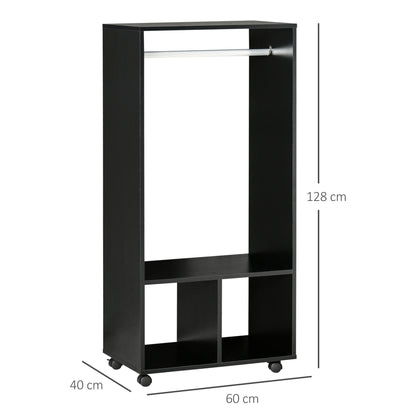 Open Wardrobe on Wheels, Bedroom Wardrobe with Clothes Hanging Rail, 2 Storage Shelves, Mobile Garment Rack for Cloakroom, Hallway, Black