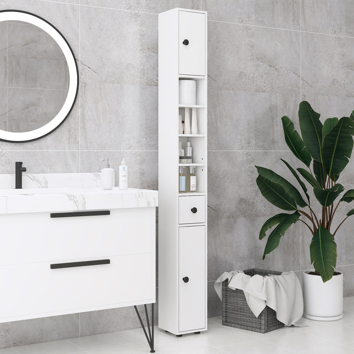 kleankin 180cm Slim Bathroom Cabinet with 9-layered Independent Storage for Family-friendly Storage  - White