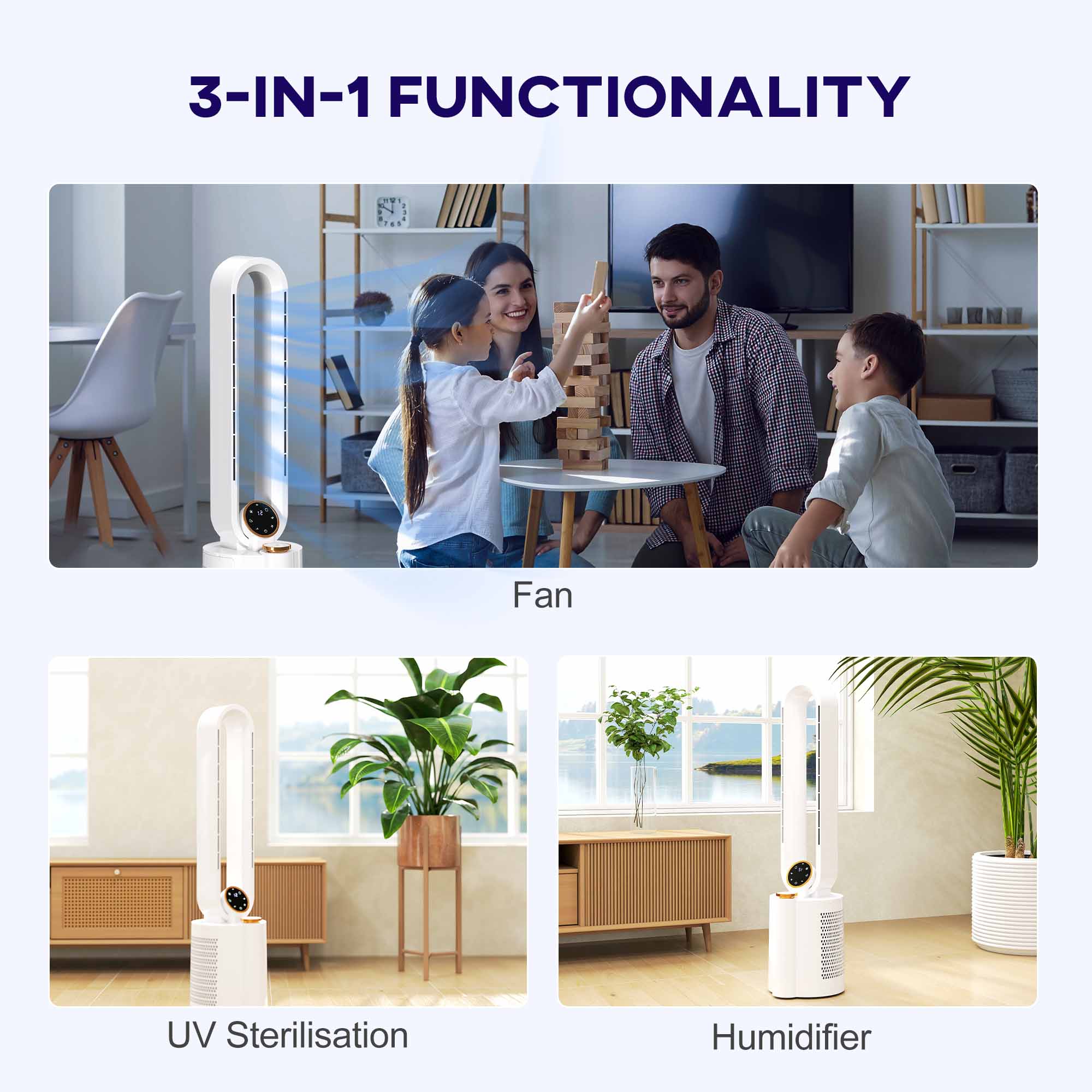 Multi-Mode Bladeless Tower Fan and Humidifier - White