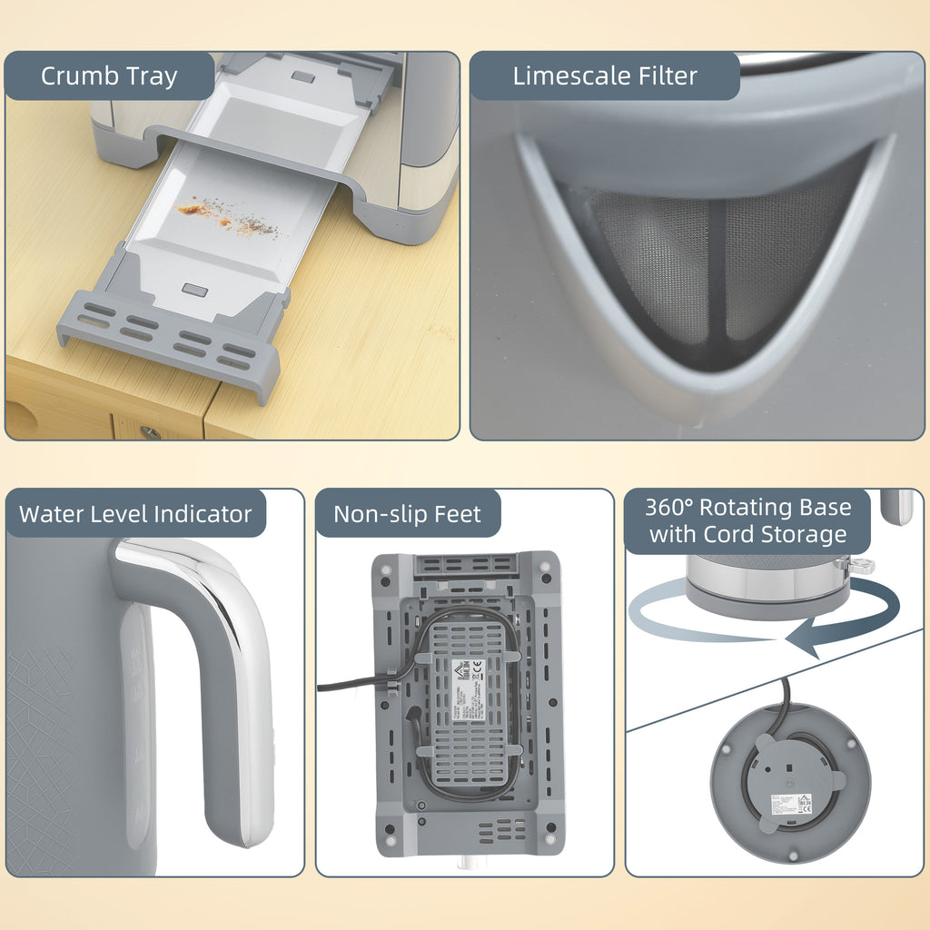 Sleek Textured Kettle and Toaster Set - Grey