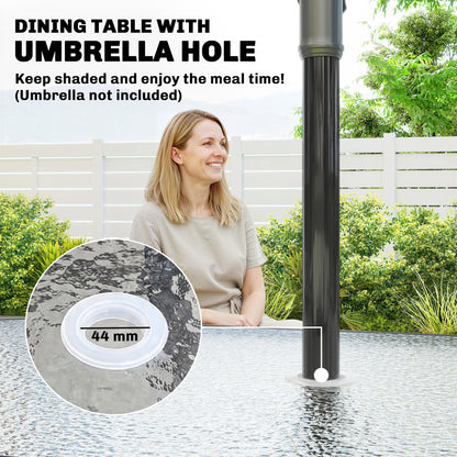 Outsunny Garden Dining Set for 4 with Umbrella Hole, Stackable Chairs and Rectangular Glass-Top Outdoor Table, Light Grey