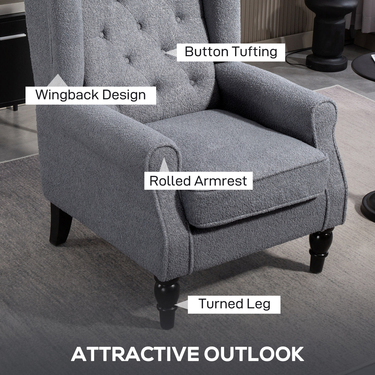 Wingback Accent Chair, Retro Upholstered Button Tufted Occasional Chair for Living Room and Bedroom, Grey