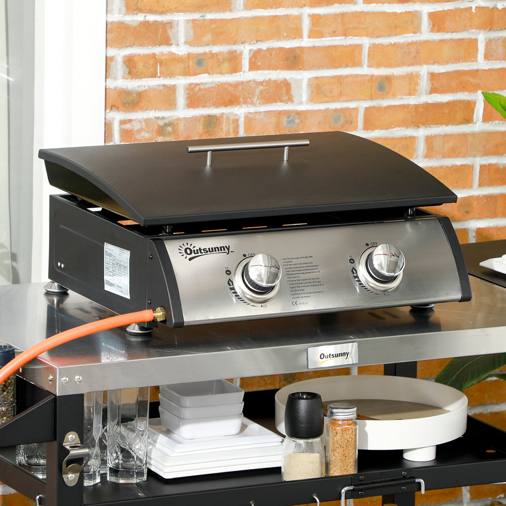 Outsunny Portable Tabletop Gas Plancha Grill w/ 2 Stainless Steel Burner, 5kW, Non-Stick Griddle for BBQ Camping Picnic Party