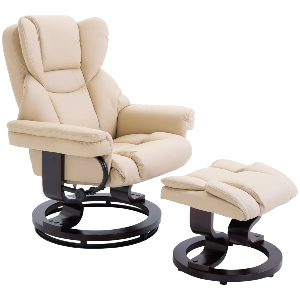 360° Swivel Recliner Chair with Footstool, PU Leather Manual Recliner Armchair with Footstool, Solid Wood Base, Upholstered Reclining Chair for Living Room, Bedroom, Office, Cream