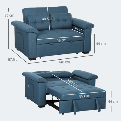 Pull Out Sofa Bed, Fabric 2 Seater Click Clack Sofa Bed Settee with 2 Pocket Springs, Convertible Sofa Couch with Pillows and Side Pockets for Living Room, Home Office, Blue