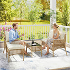 Outsunny 3 Piece Rattan Garden Furniture Corner Sofa Set with Chaise Lounge, Loveseat, Glass Coffee Table, Cushions, Natural Wood