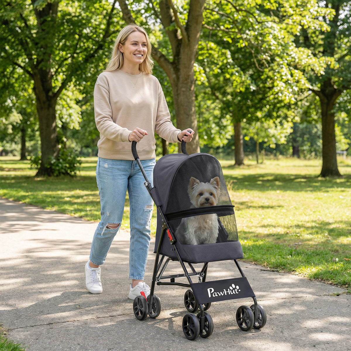 PawHut Dog Stroller, Foldable Cat Dog Pram for Miniature Breeds, Pet Stroller with Brake, Mesh Windows, Dark Grey