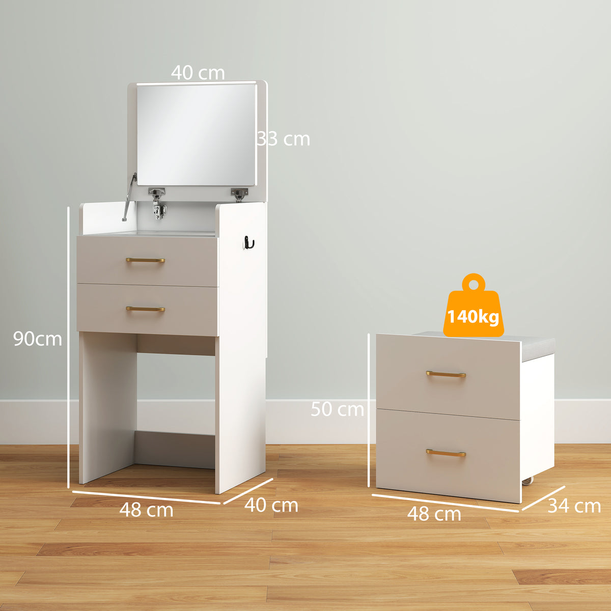 Compact Dressing Table and Stool Set, with Storage - White