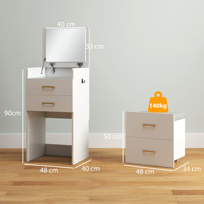 Compact Dressing Table and Stool Set, with Storage - White