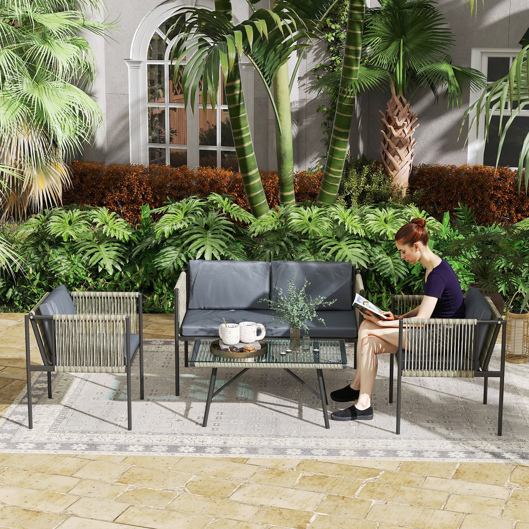 Outsunny Four-Piece Round Rattan Rope Sofa Set - Grey