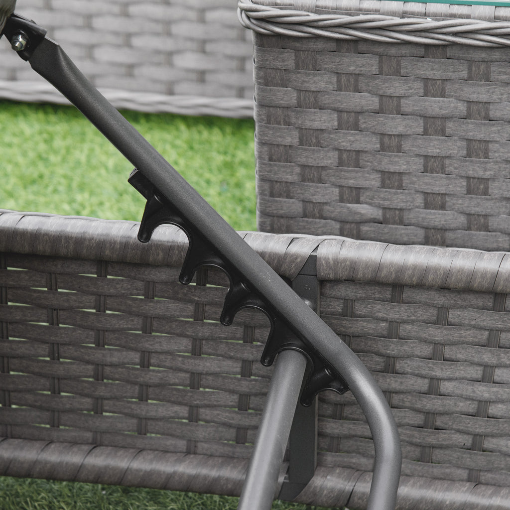 Outsunny 3 Pieces Rattan Sun Lounger Set with Aluminium Frame, 5-Position Adjustable Reclining Garden Chairs and Glass Top Table, Wicker Garden Furniture Daybed with Cushions for Patio, Grey
