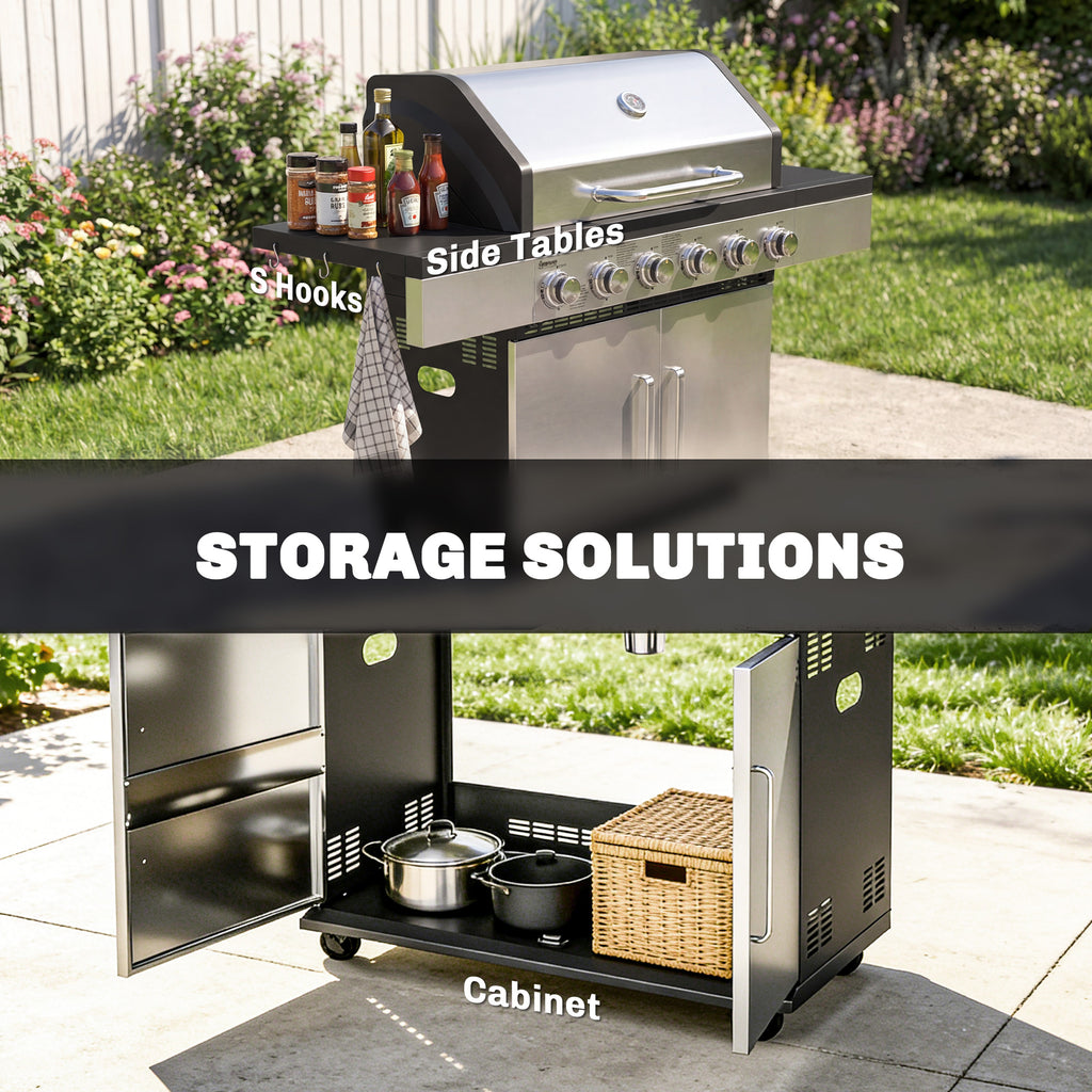 Outsunny 6 Burner Liquid Propane Gas BBQ Grill, Outdoor Portable Gas Barbecue Grill with Warming Rack, Side Tables, Cabinet