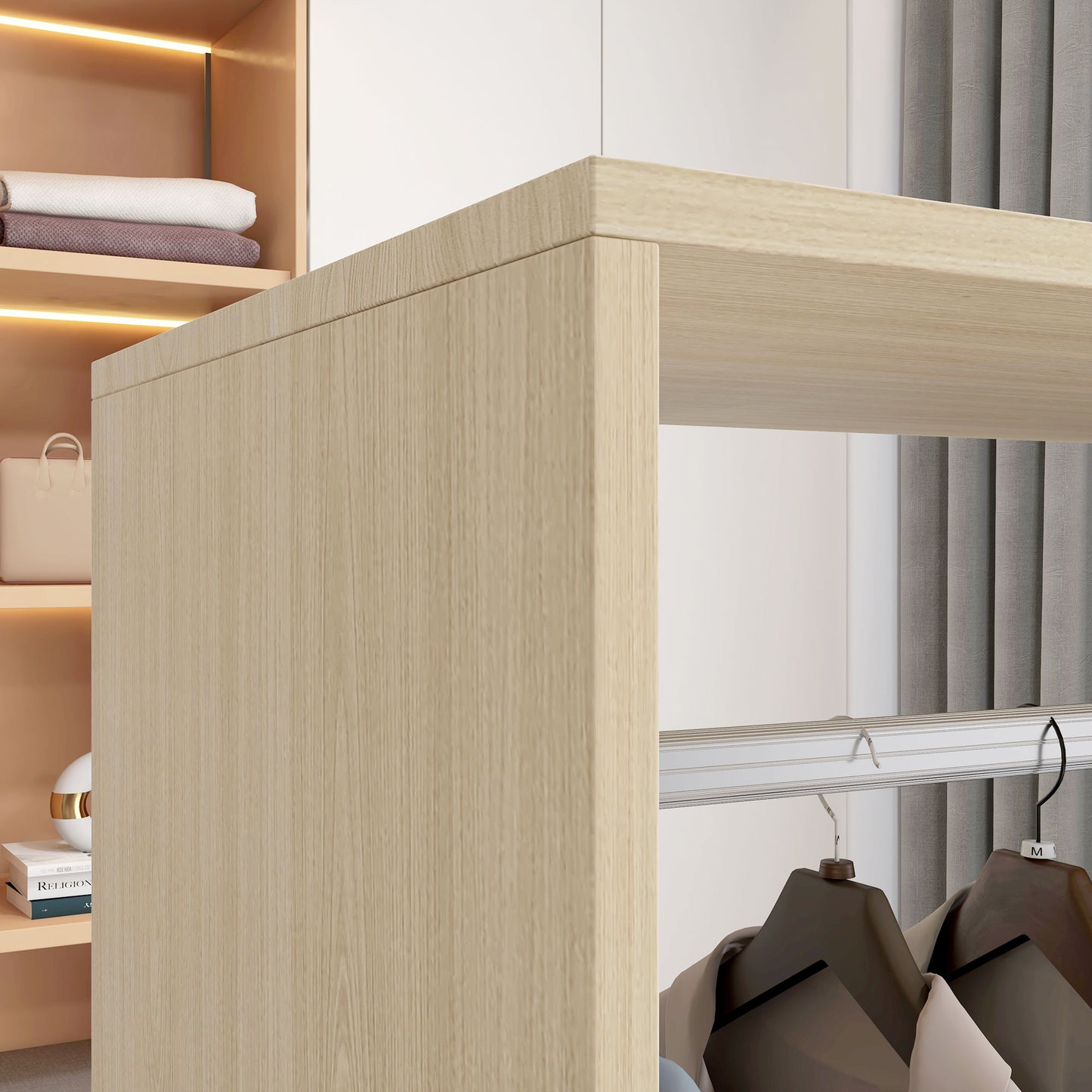 Open Wardrobe on Wheels, Bedroom Wardrobe with Clothes Hanging Rail, 2 Storage Shelves, Mobile Garment Rack for Cloakroom, Hallway, Natural
