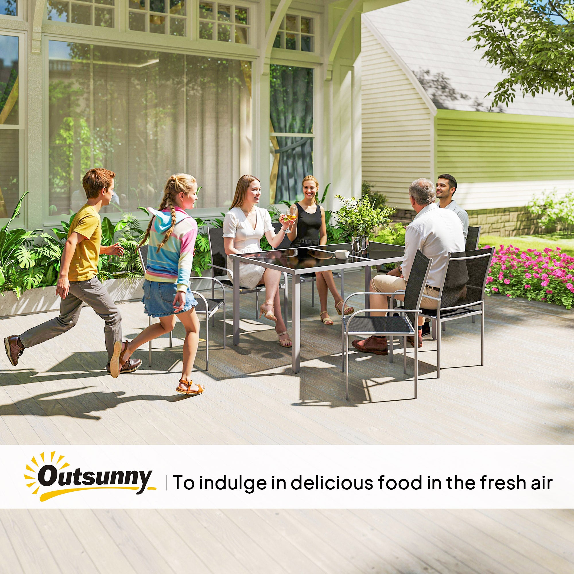 Outsunny 7 Piece Outdoor Garden Dining Set with Table and 6 Stackable Chairs, Steel Frame, Tempered Glass Top, Mesh Seats, Black
