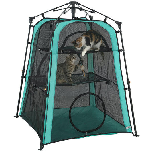 PawHut Cat Tent, 3-Tier Portable Pet Tent for Indoor Outdoor, Cat House with Multi-Door, Carry Bag, Breathable Mesh