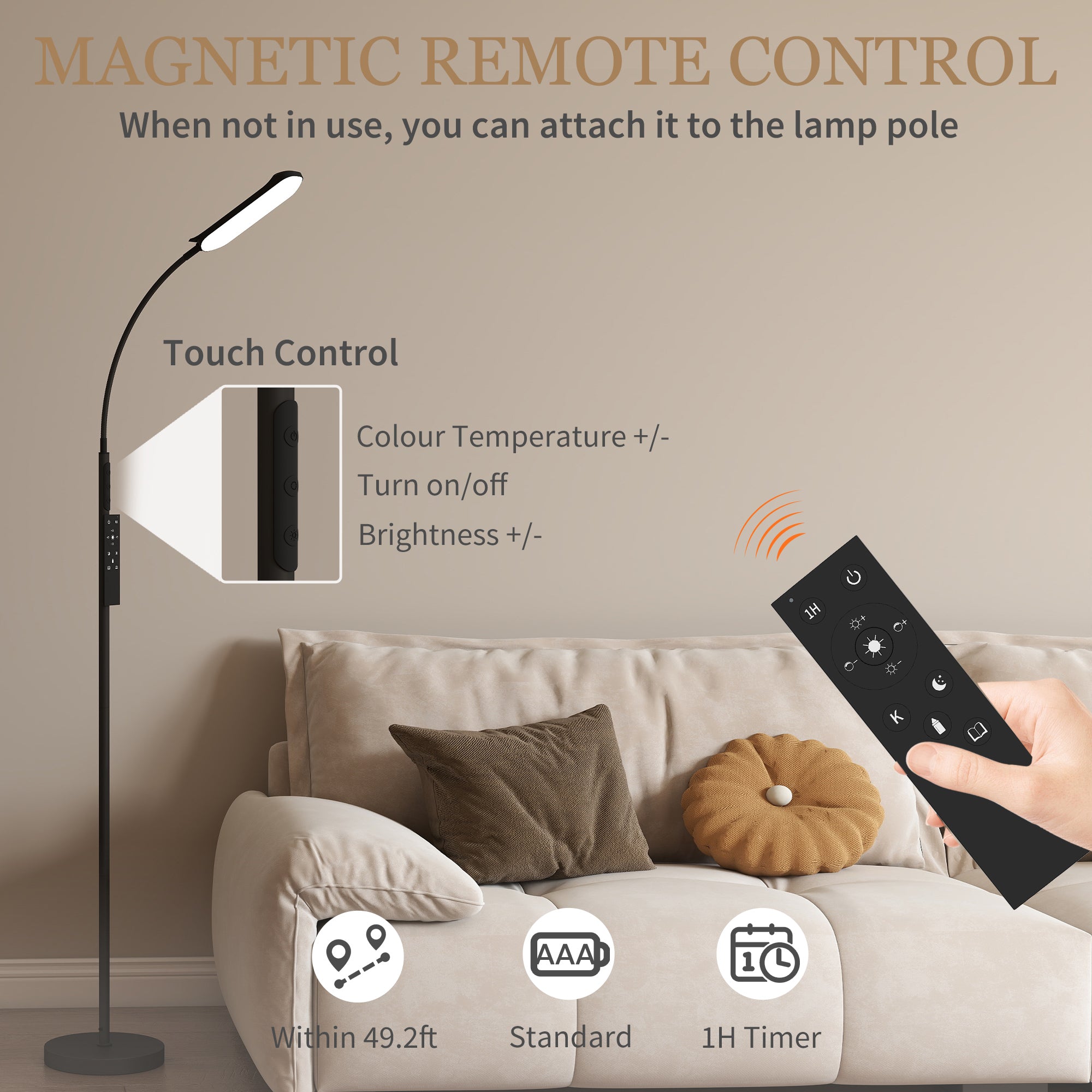 LED Floor Lamp, Standing Lamp with Remote & Touch Control, Stepless Dimmable Colours Temperature & Brightness, 360° Adjustable Gooseneck, 1 Hour Timer, Memory Function for Living Room, Black
