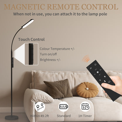 LED Floor Lamp, Standing Lamp with Remote & Touch Control, Stepless Dimmable Colours Temperature & Brightness, 360° Adjustable Gooseneck, 1 Hour Timer, Memory Function for Living Room, Black