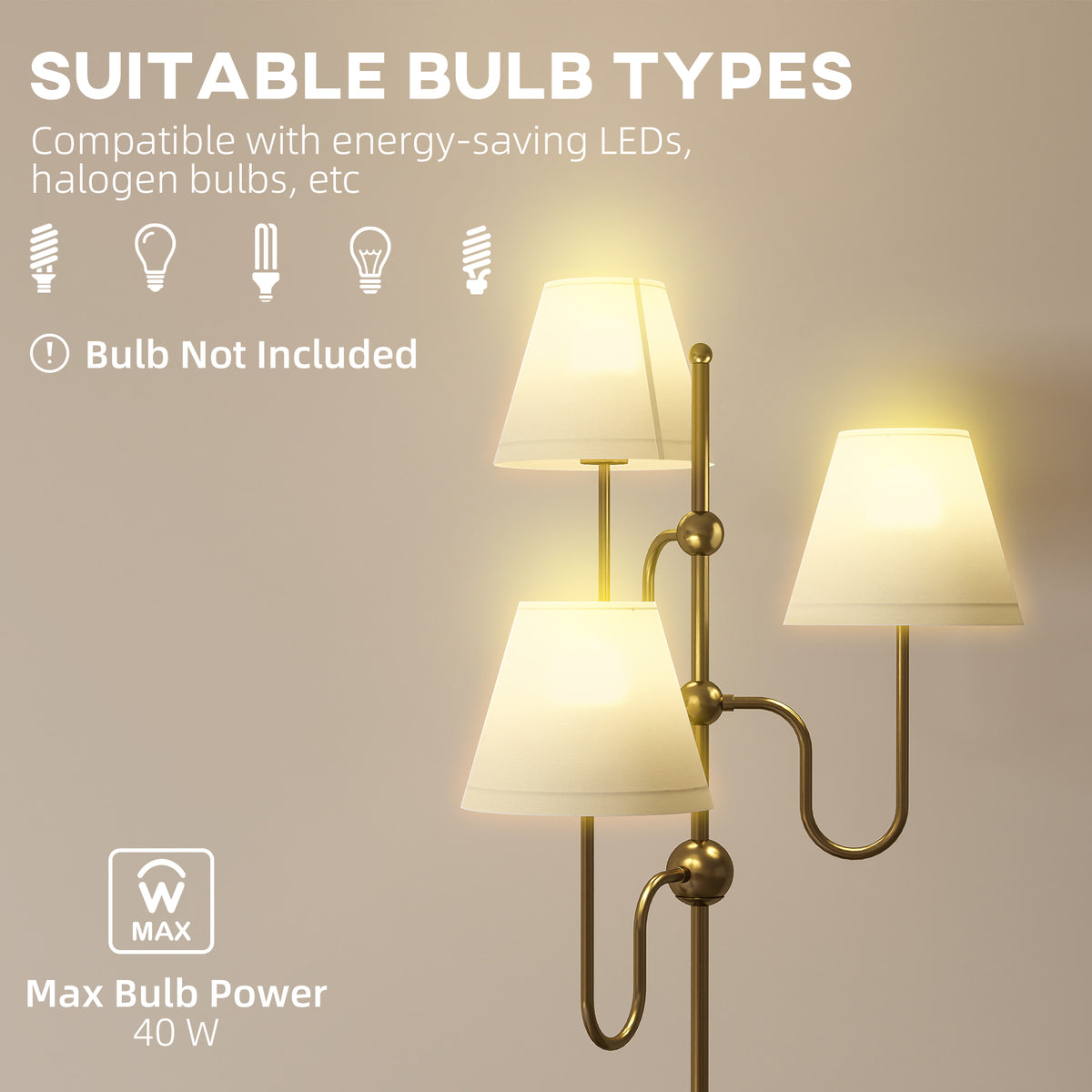 Floor Lamp, 165 cm Tall Standing Lamp with 3 Light and Foot Switch for Living Room, Bedroom, Bedside, Office, E27 Base Without Bulb (40W Max)