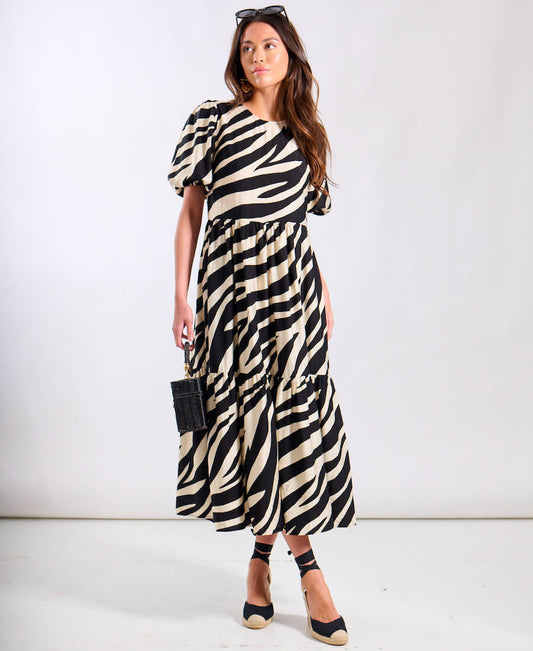 Cream Animal Viscose Puff Sleeve Midi Dress