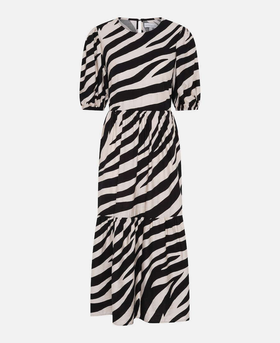 Cream Animal Viscose Puff Sleeve Midi Dress