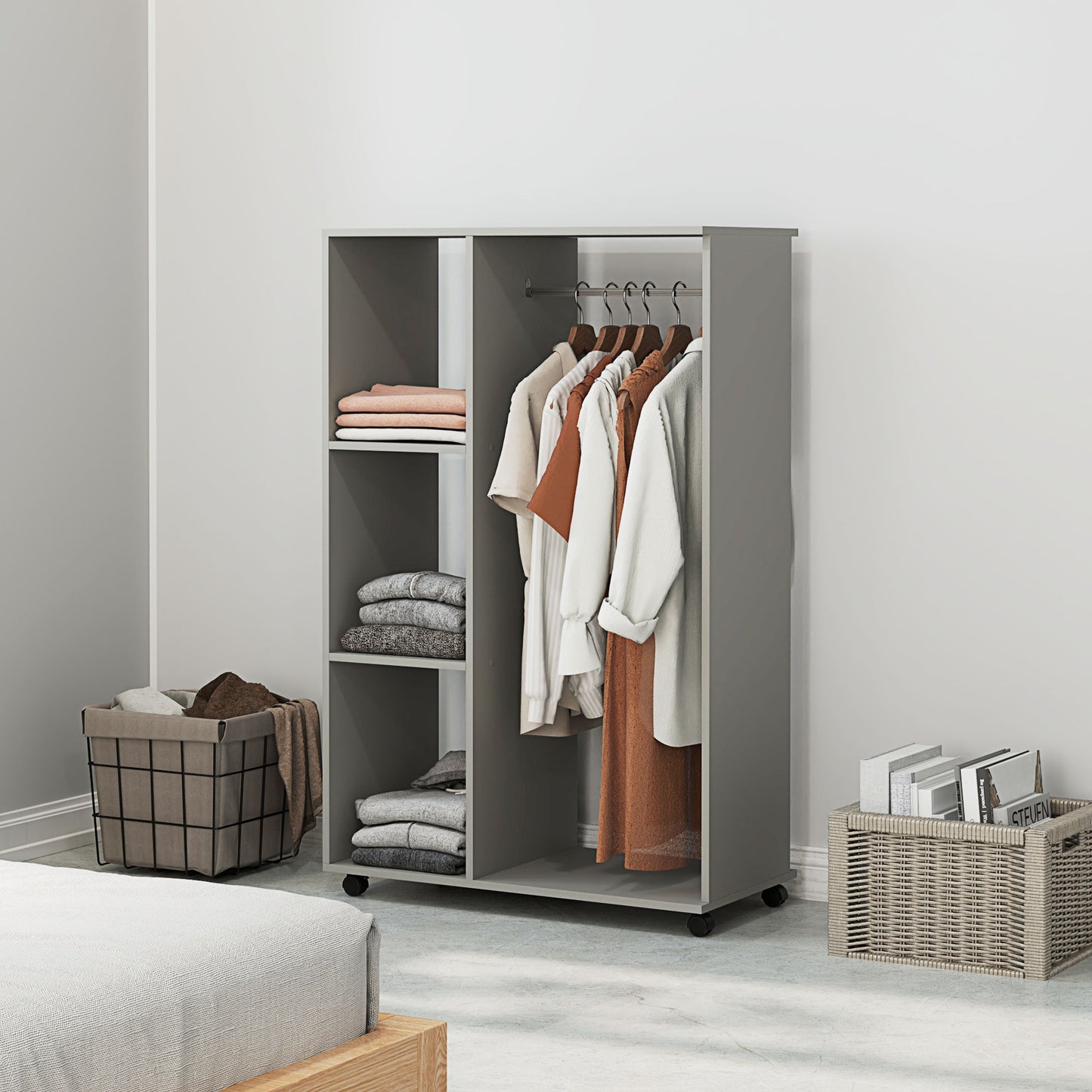 Open Wardrobe on Wheels, Bedroom Wardrobe with Clothes Hanging Rail, 3 Storage Shelves, Mobile Garment Rack for Cloakroom, Hallway, Grey